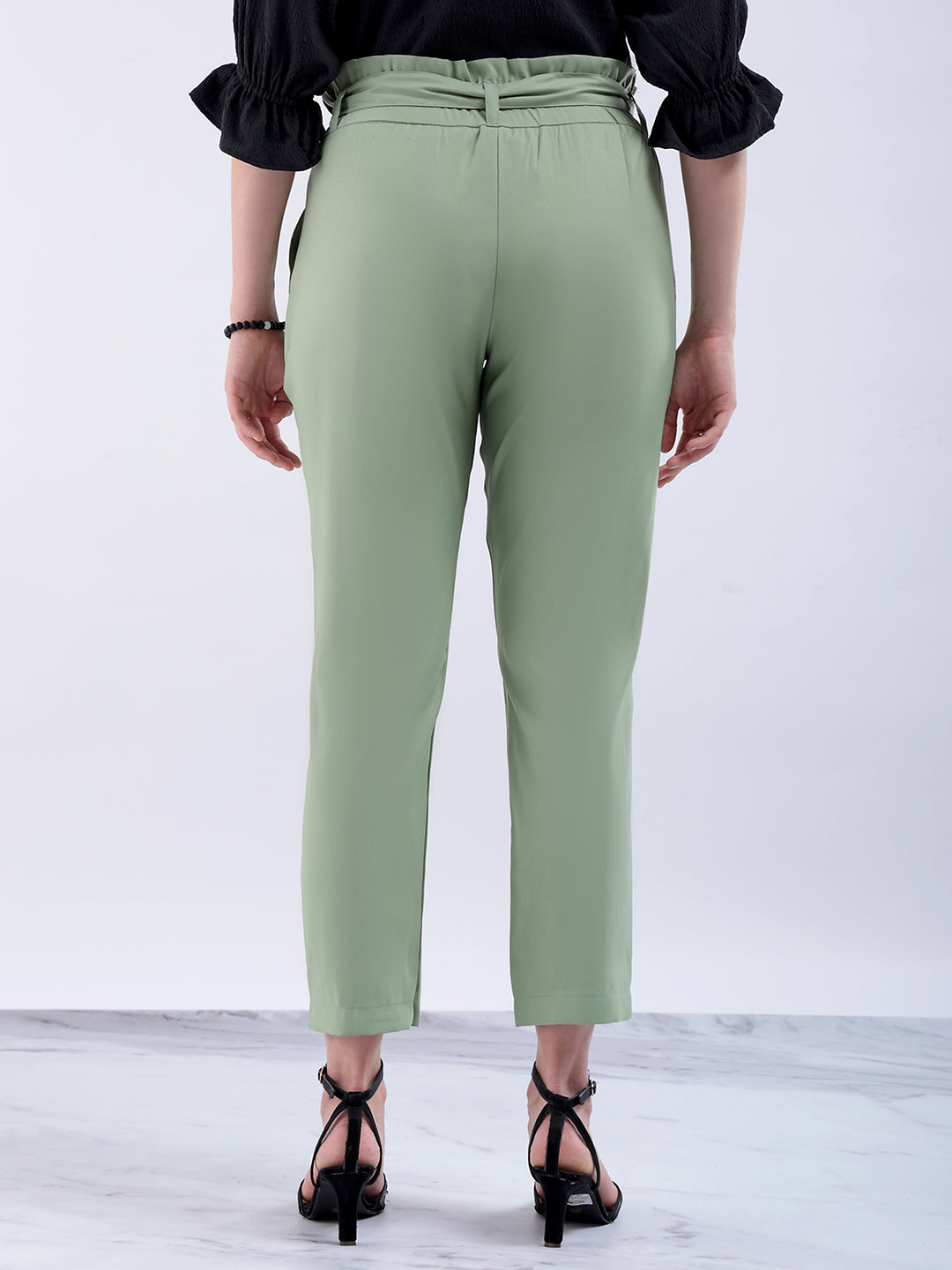 Shop Women's Green Slim Solid Elasticated Ruffle Waist Trouser Online.