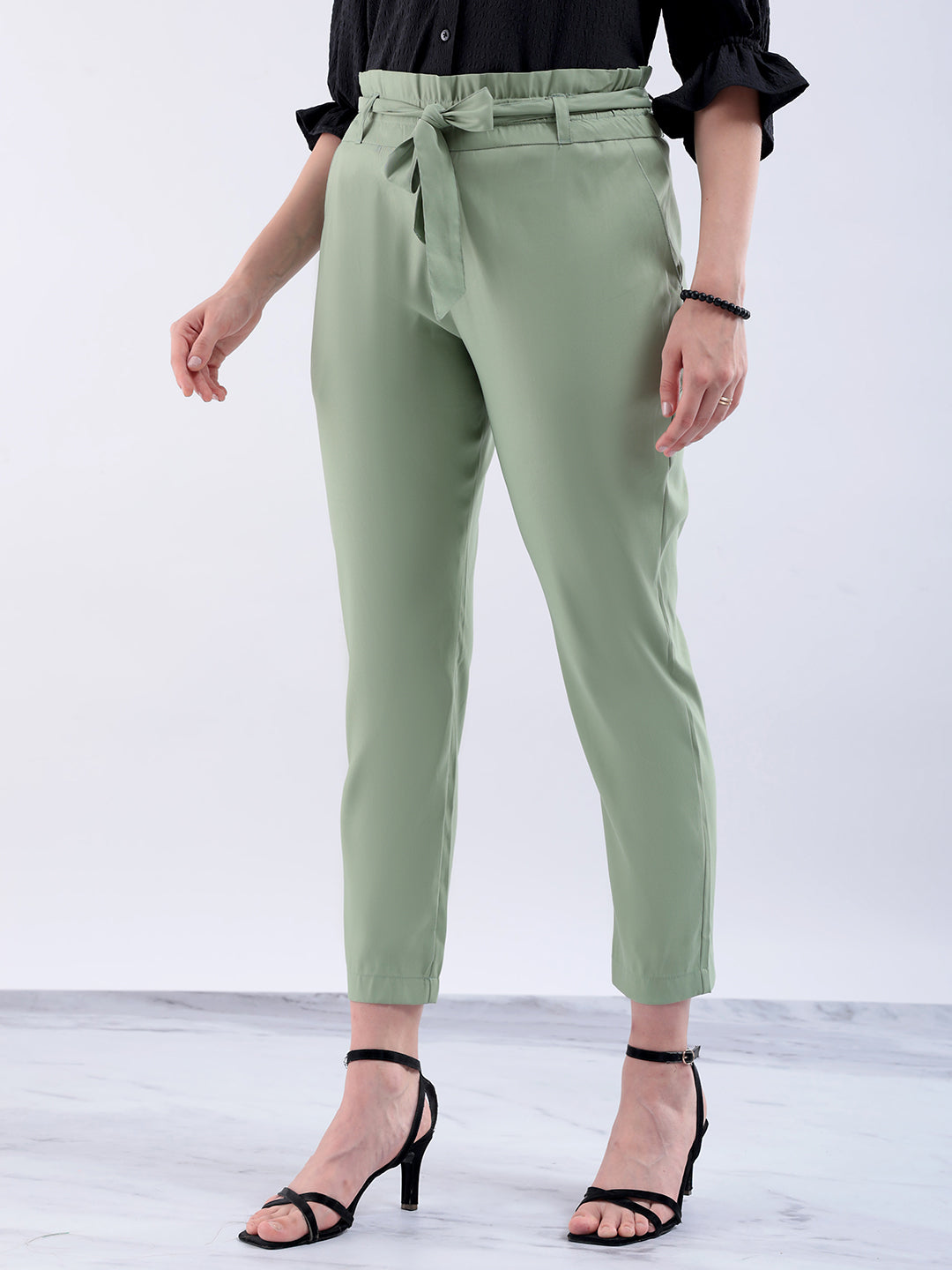 Shop Women's Green Slim Solid Elasticated Ruffle Waist Trouser Online.