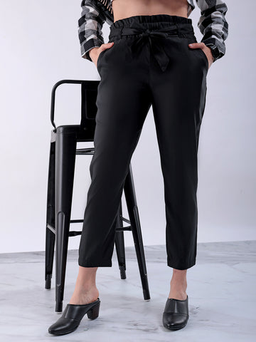 Shop Women's Black Slim Solid Elasticated Ruffle Waist Trouser Online.