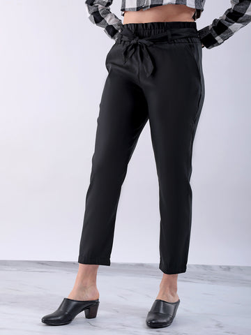 Shop Women's Black Slim Solid Elasticated Ruffle Waist Trouser Online.