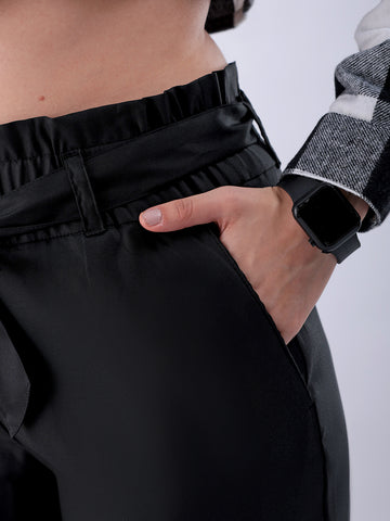 Shop Women's Black Slim Solid Elasticated Ruffle Waist Trouser Online.