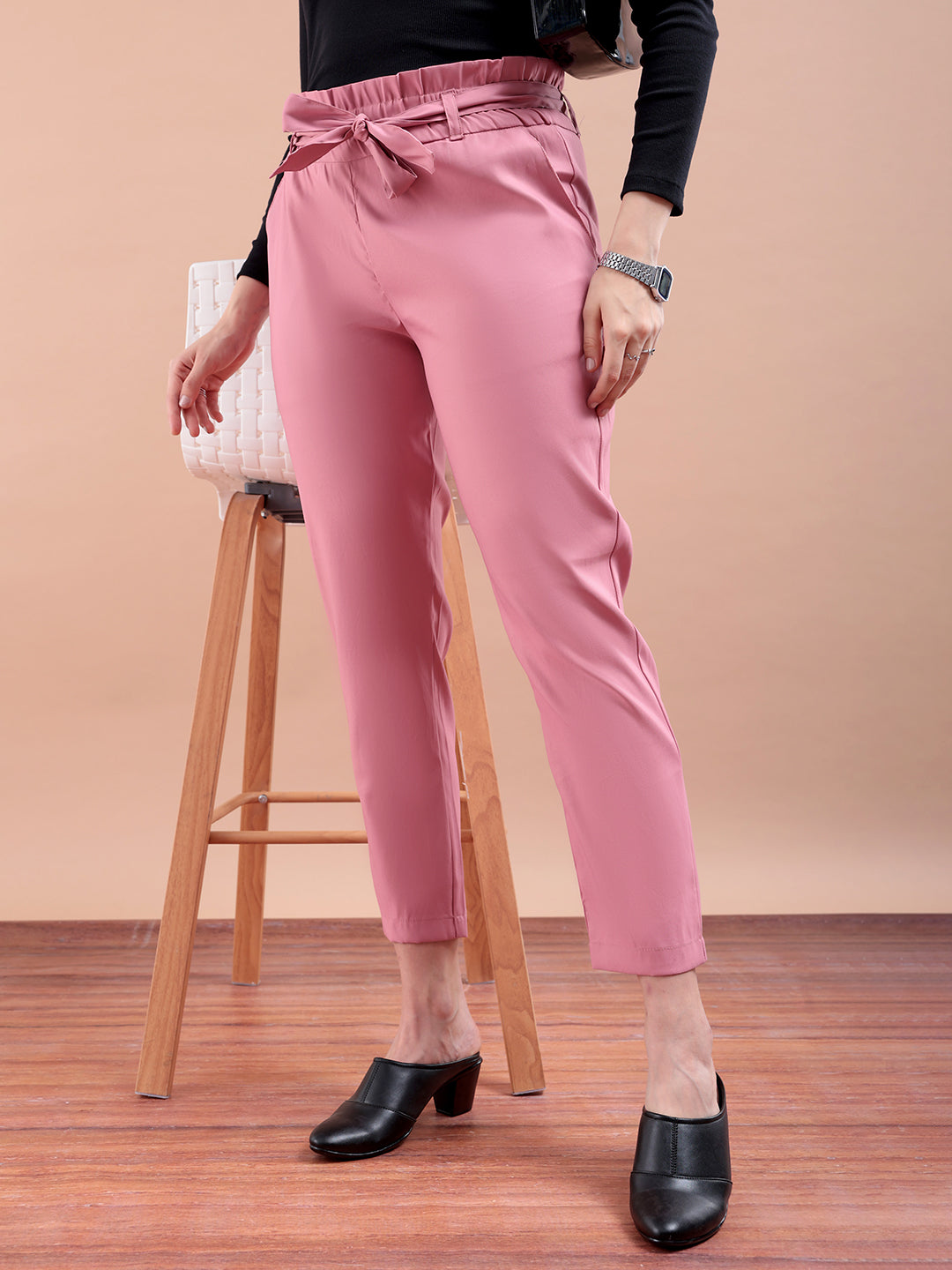 Shop Women's Pink Slim Solid Elasticated Ruffle Waist Trouser Online.