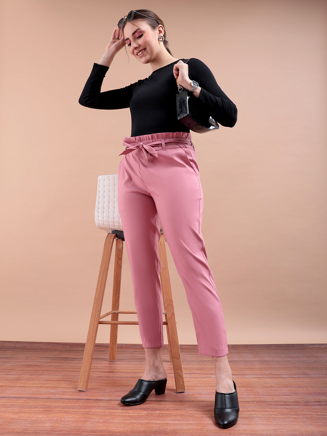 Shop Women's Pink Slim Solid Elasticated Ruffle Waist Trouser Online.