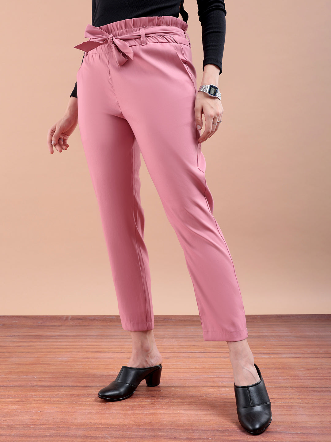 Shop Women's Pink Slim Solid Elasticated Ruffle Waist Trouser Online.