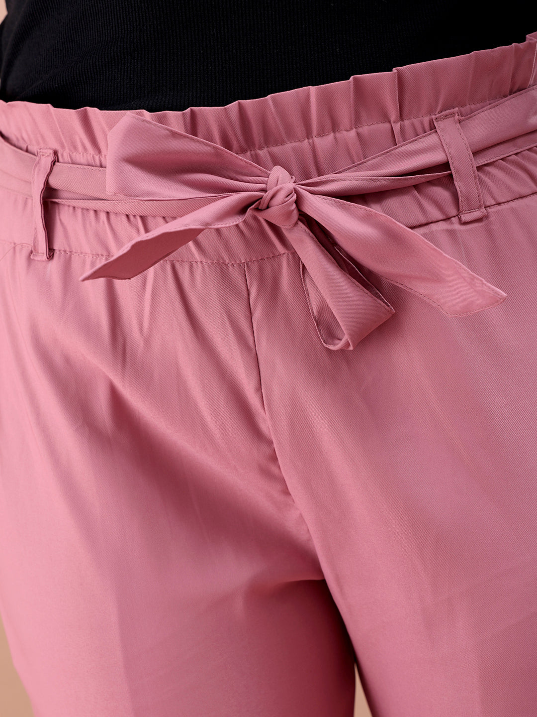 Shop Women's Pink Slim Solid Elasticated Ruffle Waist Trouser Online.