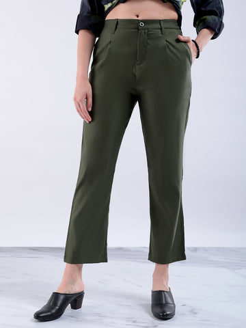 Shop Women's Green Straight Solid Front Pleate Tapered Elasticated Trouser Online.