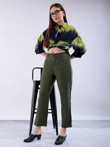 Shop Women's Green Straight Solid Front Pleate Tapered Elasticated Trouser Online.
