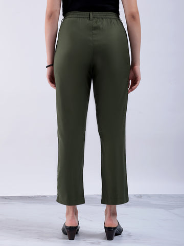 Shop Women's Green Straight Solid Front Pleate Tapered Elasticated Trouser Online.