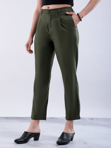 Shop Women's Green Straight Solid Front Pleate Tapered Elasticated Trouser Online.