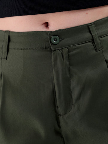 Shop Women's Green Straight Solid Front Pleate Tapered Elasticated Trouser Online.