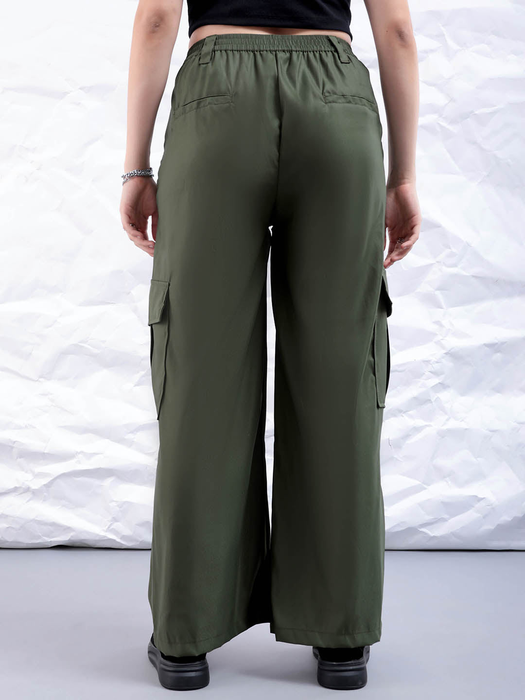 Shop Women's Green Flare Solid Elasticated Cargo Trouser Online.