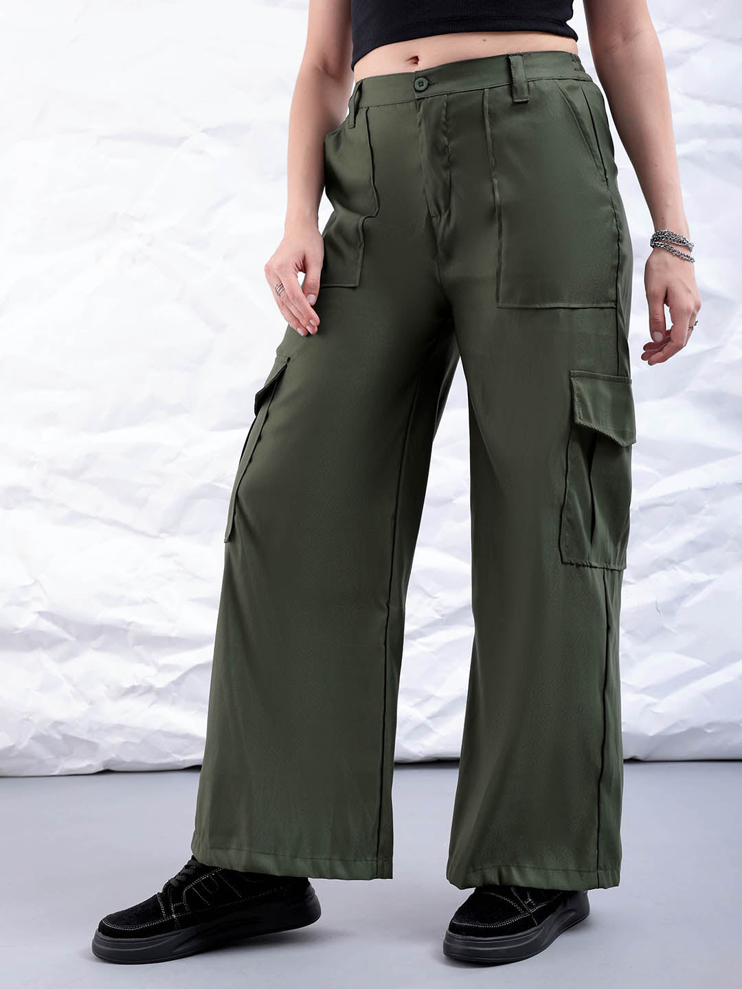 Shop Women's Green Flare Solid Elasticated Cargo Trouser Online.