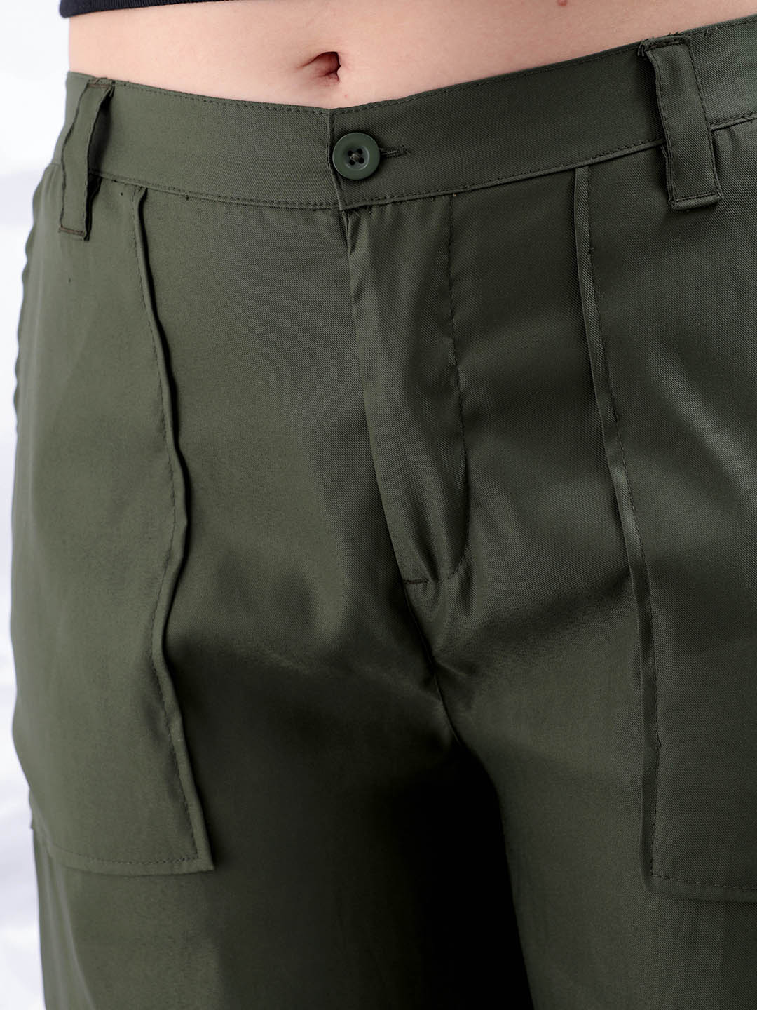 Shop Women's Green Flare Solid Elasticated Cargo Trouser Online.