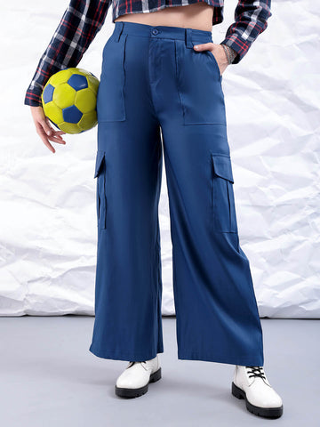 Shop Women's Blue Flare Solid Elasticated Cargo Trouser Online.