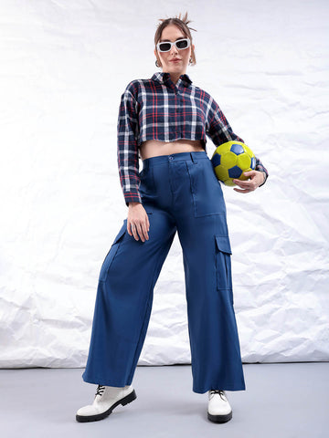Shop Women's Blue Flare Solid Elasticated Cargo Trouser Online.