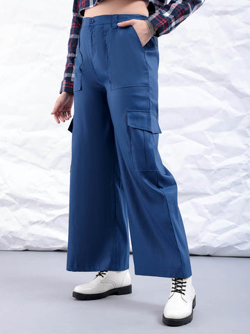 Shop Women's Blue Flare Solid Elasticated Cargo Trouser Online.