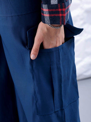 Shop Women's Blue Flare Solid Elasticated Cargo Trouser Online.