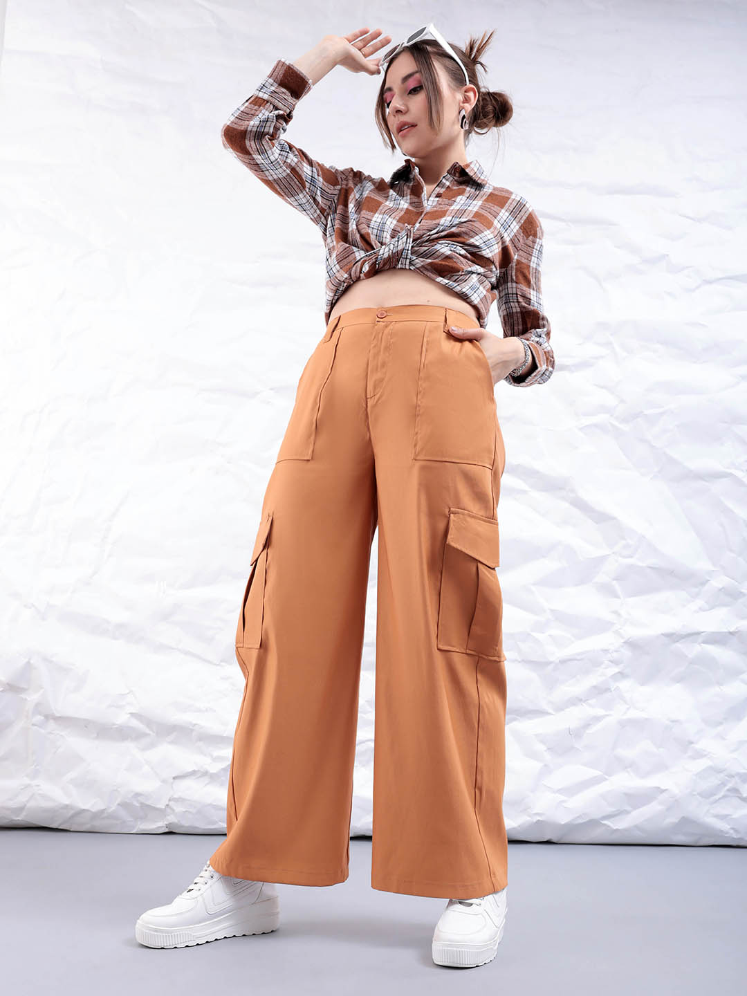 Shop Women's Yellow Flare Solid Elasticated Cargo Trouser Online.