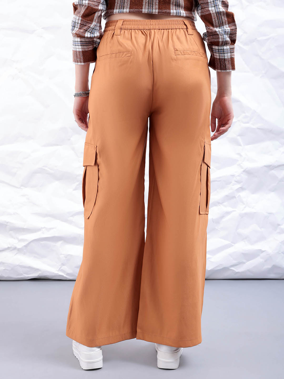 Shop Women's Yellow Flare Solid Elasticated Cargo Trouser Online.