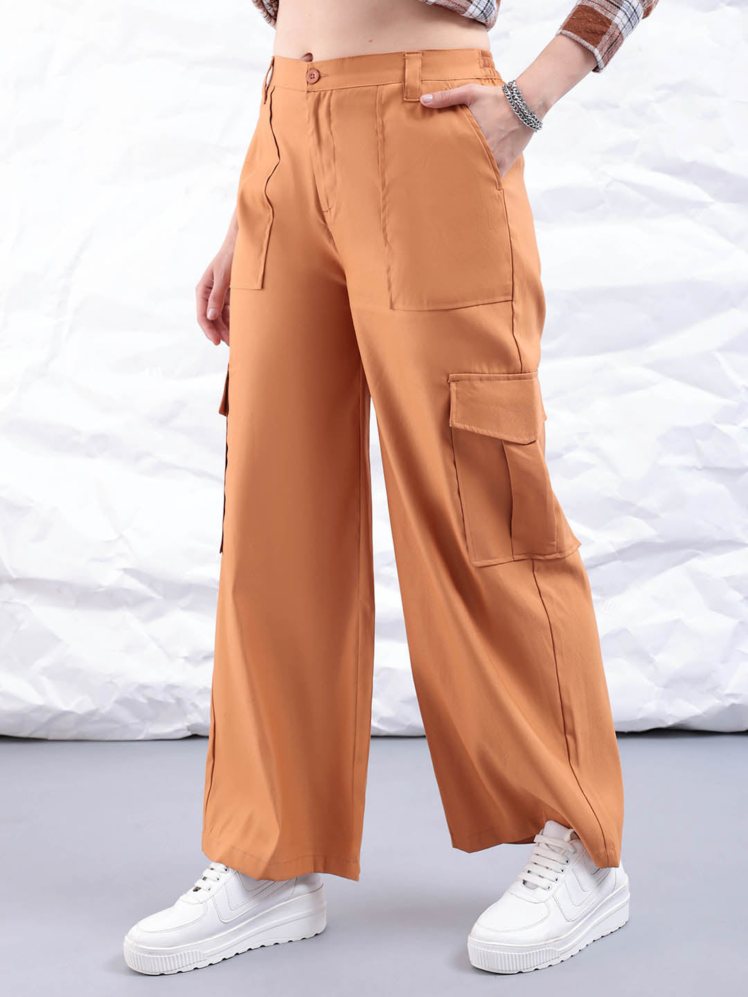 Shop Women's Yellow Flare Solid Elasticated Cargo Trouser Online.