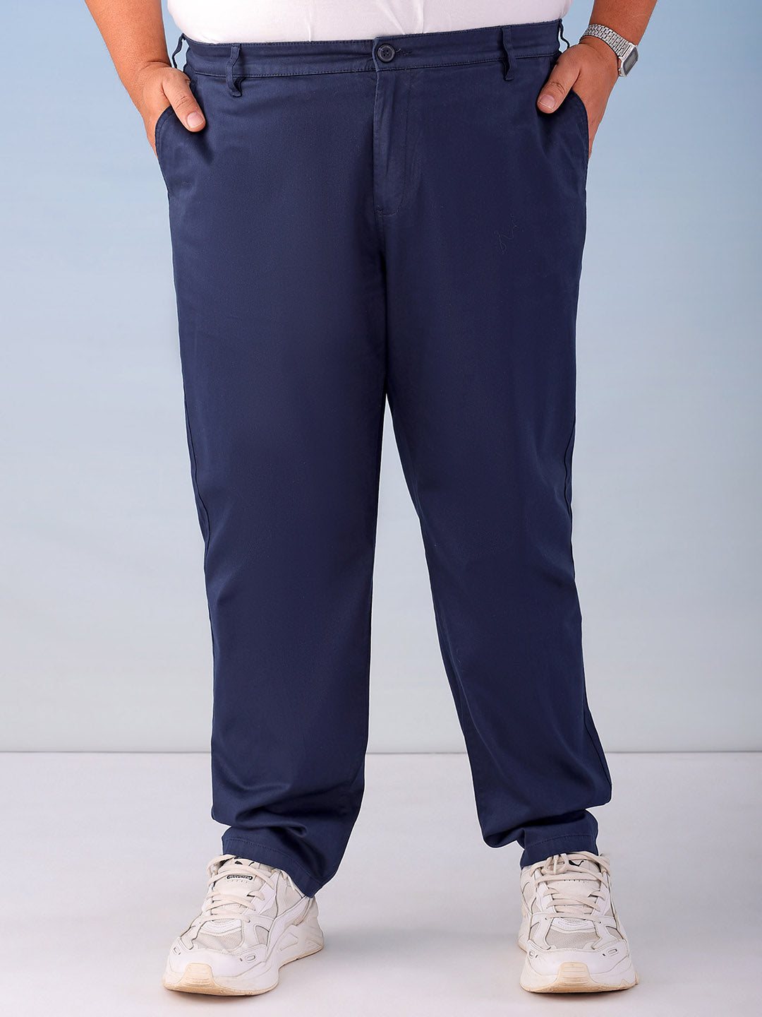 Shop Men's Navy Blue Plus Fit Solid Plus Size Chinos Online.