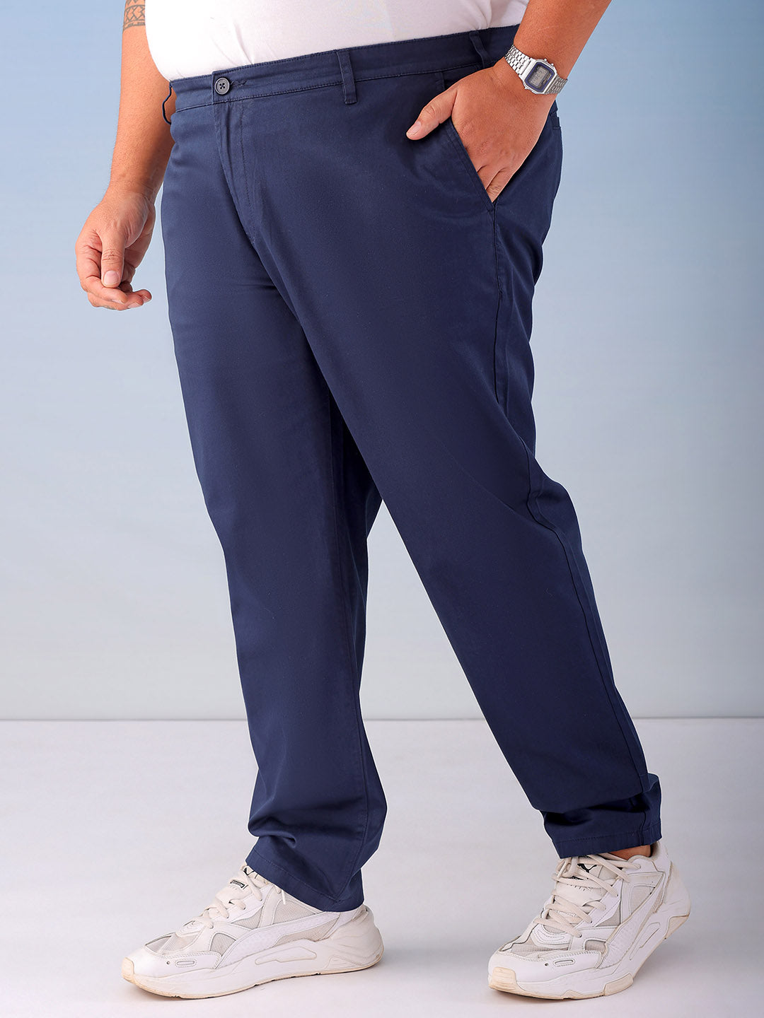 Shop Men's Navy Blue Plus Fit Solid Plus Size Chinos Online.