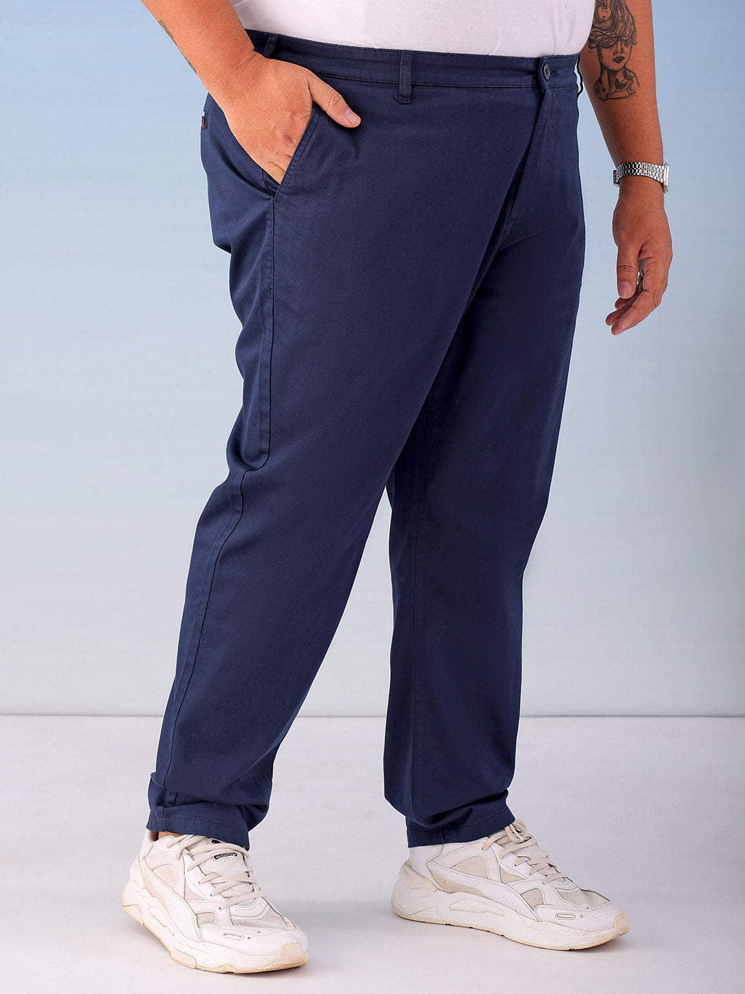 Shop Men's Navy Blue Plus Fit Solid Plus Size Chinos Online.