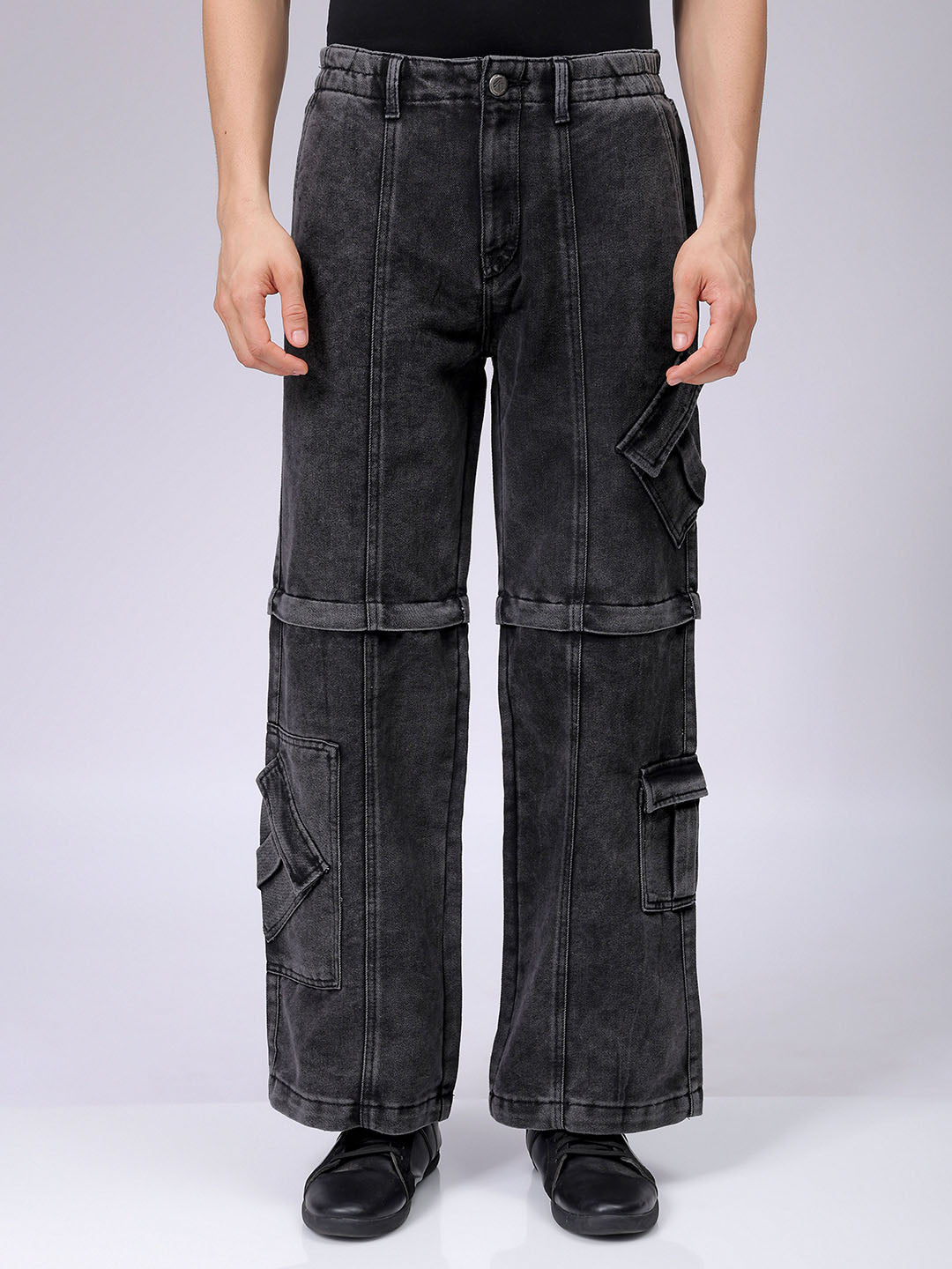 Men's Grey Baggy Solid Mid-Rise Convertible Cargo Denim