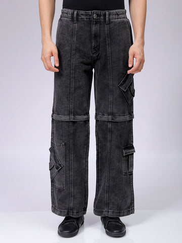 Men's Grey Baggy Solid Mid-Rise Convertible Cargo Denim