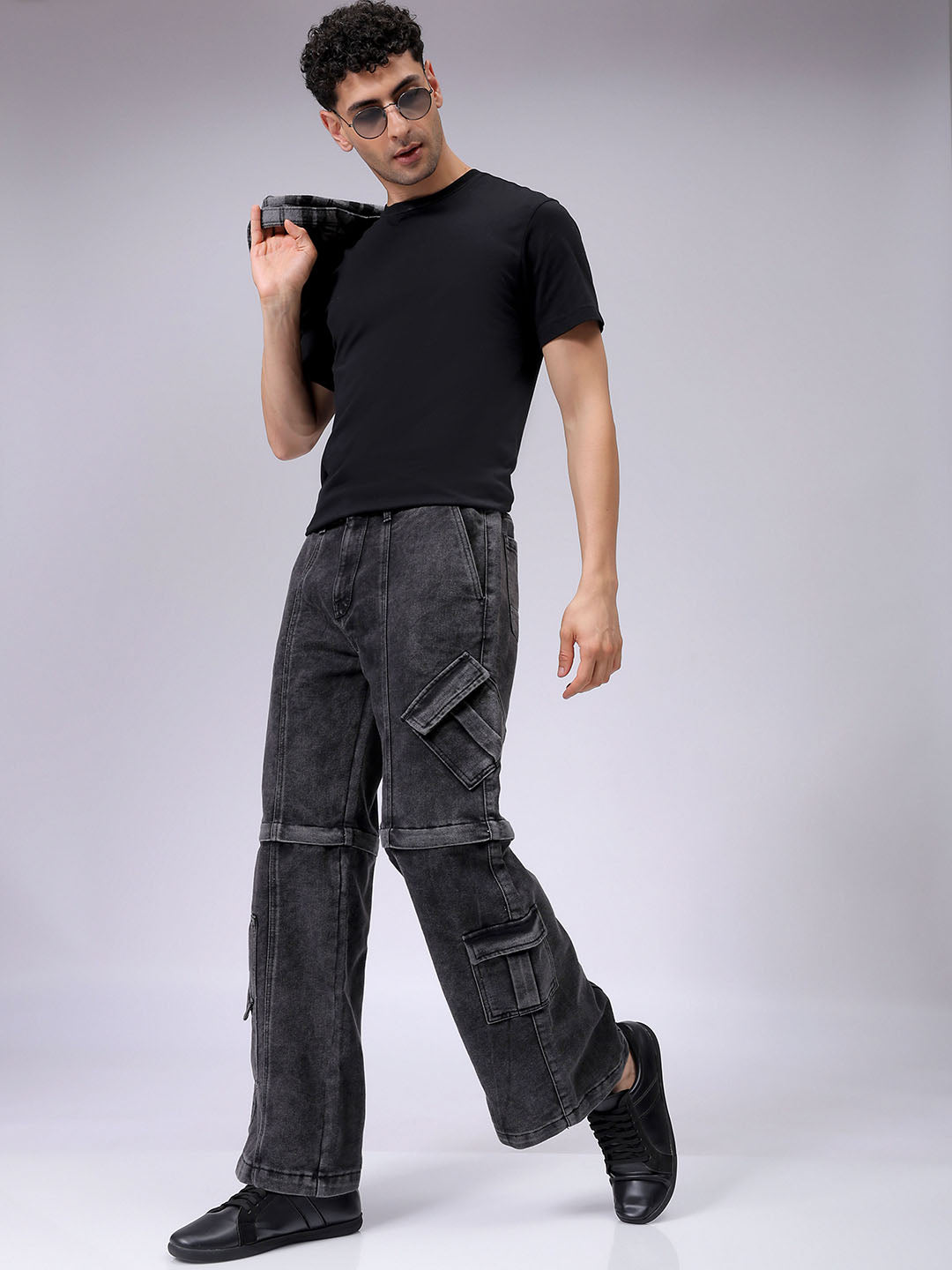 Men's Grey Baggy Solid Mid-Rise Convertible Cargo Denim