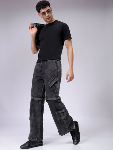 Men's Grey Baggy Solid Mid-Rise Convertible Cargo Denim