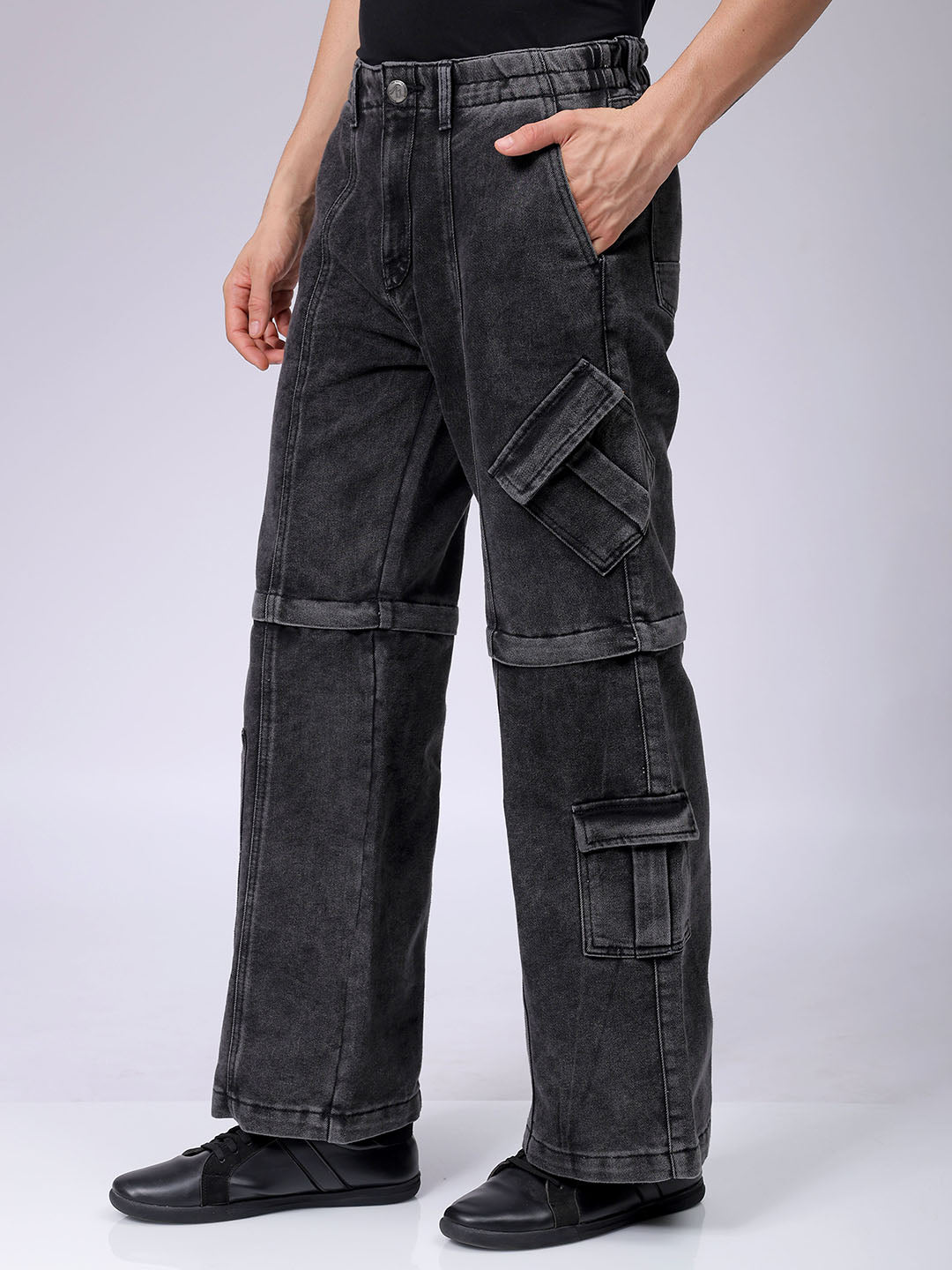 Men's Grey Baggy Solid Mid-Rise Convertible Cargo Denim