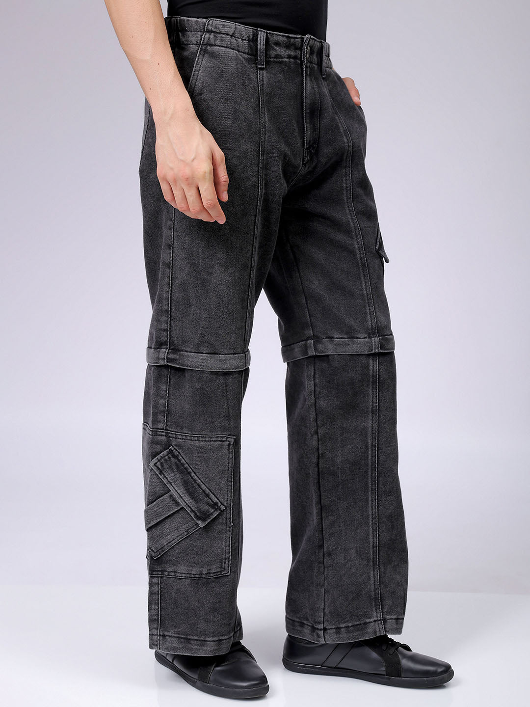Men's Grey Baggy Solid Mid-Rise Convertible Cargo Denim