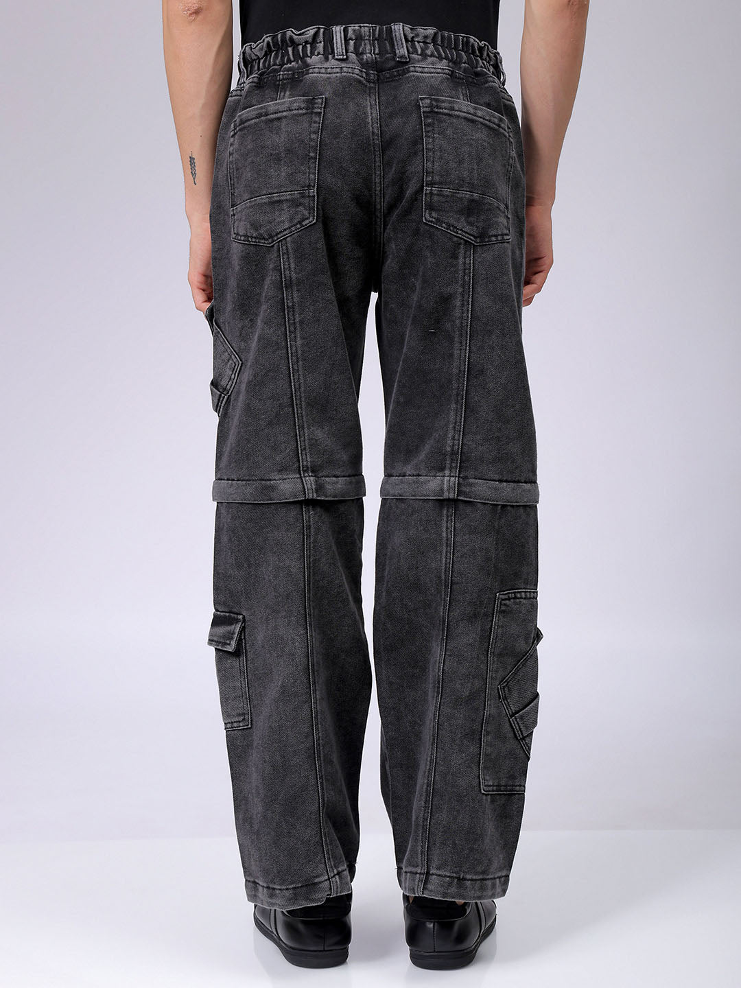 Men's Grey Baggy Solid Mid-Rise Convertible Cargo Denim