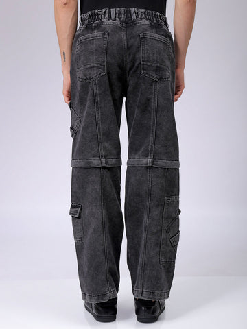Men's Grey Baggy Solid Mid-Rise Convertible Cargo Denim