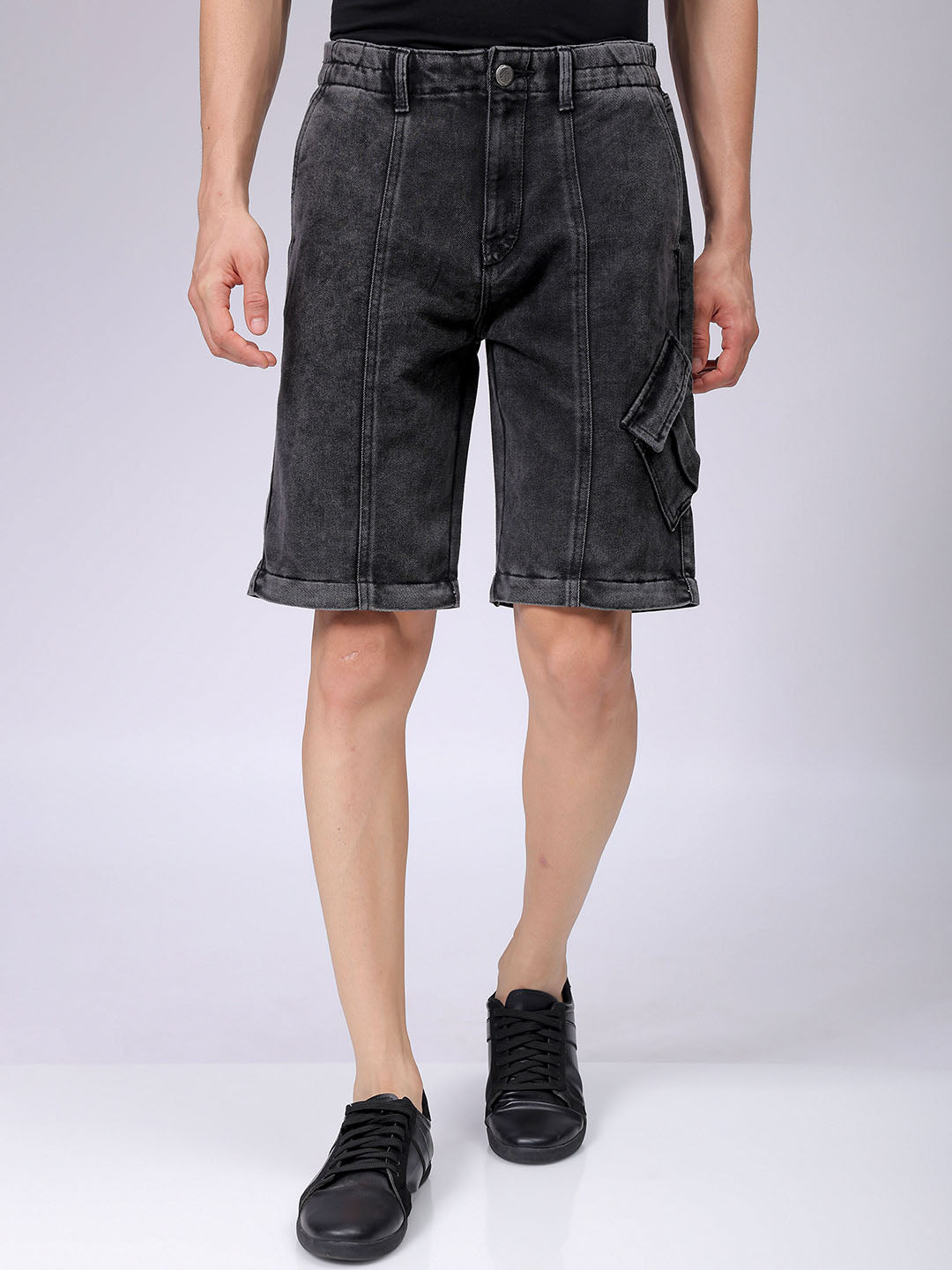 Men's Grey Baggy Solid Mid-Rise Convertible Cargo Denim