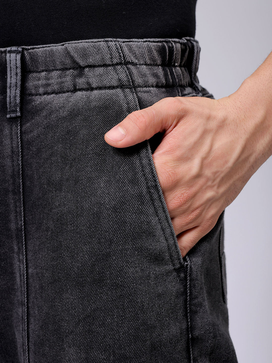 Men's Grey Baggy Solid Mid-Rise Convertible Cargo Denim