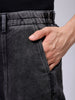Men's Grey Baggy Solid Mid-Rise Convertible Cargo Denim