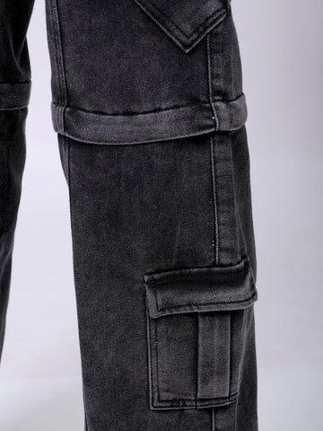 Men's Grey Baggy Solid Mid-Rise Convertible Cargo Denim