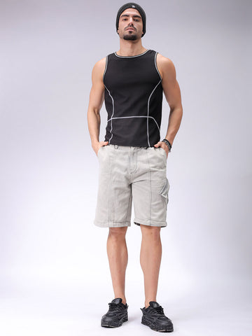 Men's Grey Baggy Solid Mid-Rise Convertible Cargo Denim