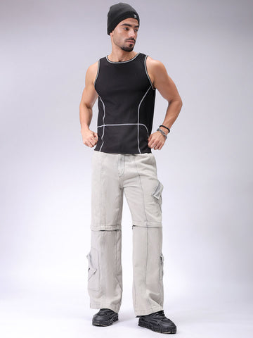 Men's Grey Baggy Solid Mid-Rise Convertible Cargo Denim