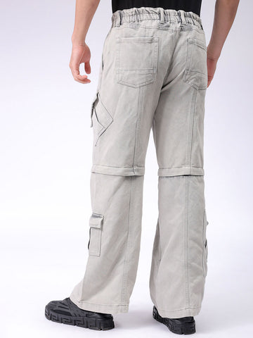 Men's Grey Baggy Solid Mid-Rise Convertible Cargo Denim
