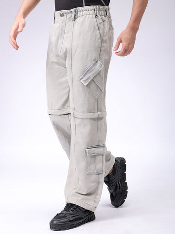 Men's Grey Baggy Solid Mid-Rise Convertible Cargo Denim