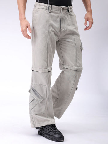 Men's Grey Baggy Solid Mid-Rise Convertible Cargo Denim