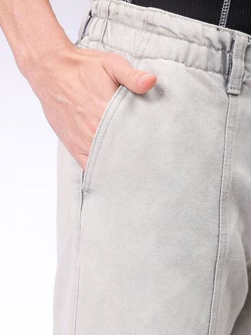 Men's Grey Baggy Solid Mid-Rise Convertible Cargo Denim