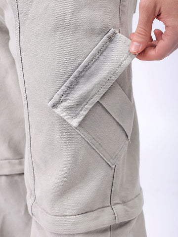 Men's Grey Baggy Solid Mid-Rise Convertible Cargo Denim