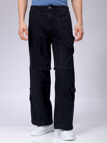 Men's Blue Baggy Solid Mid-Rise Convertible Cargo Denim