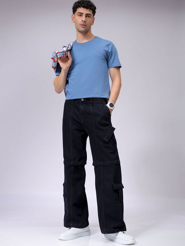 Men's Blue Baggy Solid Mid-Rise Convertible Cargo Denim