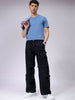 Men's Blue Baggy Solid Mid-Rise Convertible Cargo Denim