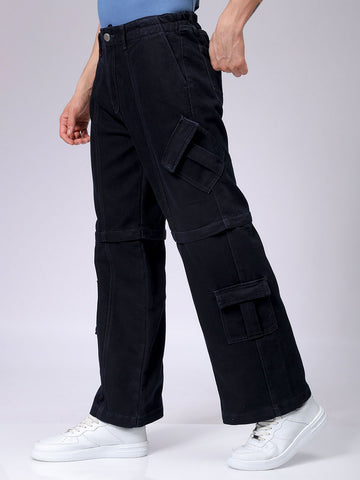 Men's Blue Baggy Solid Mid-Rise Convertible Cargo Denim